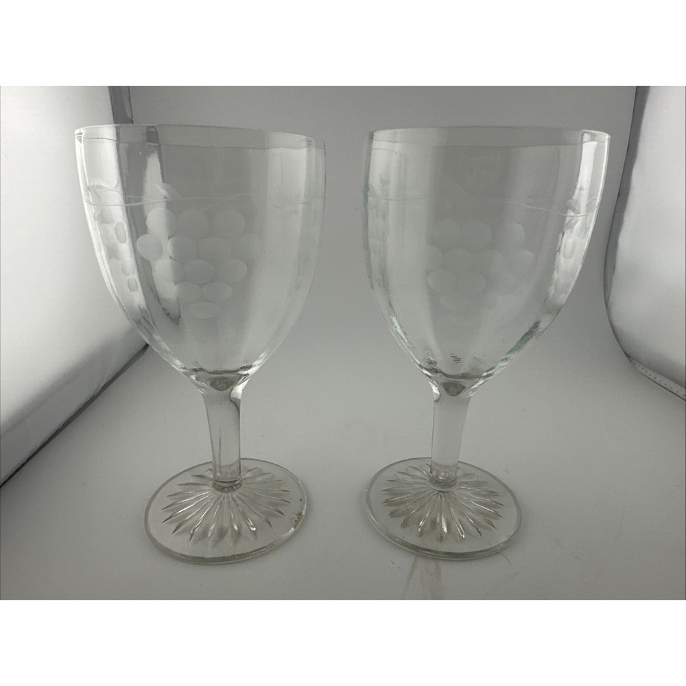 Vintage etched cordial glass stemware - set of 2 - circa 1925 Grape Cluster